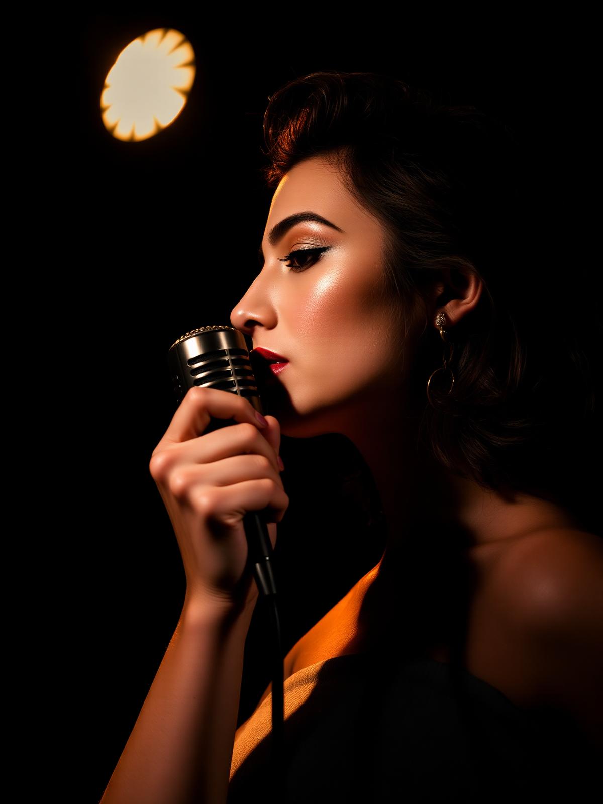 Editorial portrait of a singer under a warm spotlight